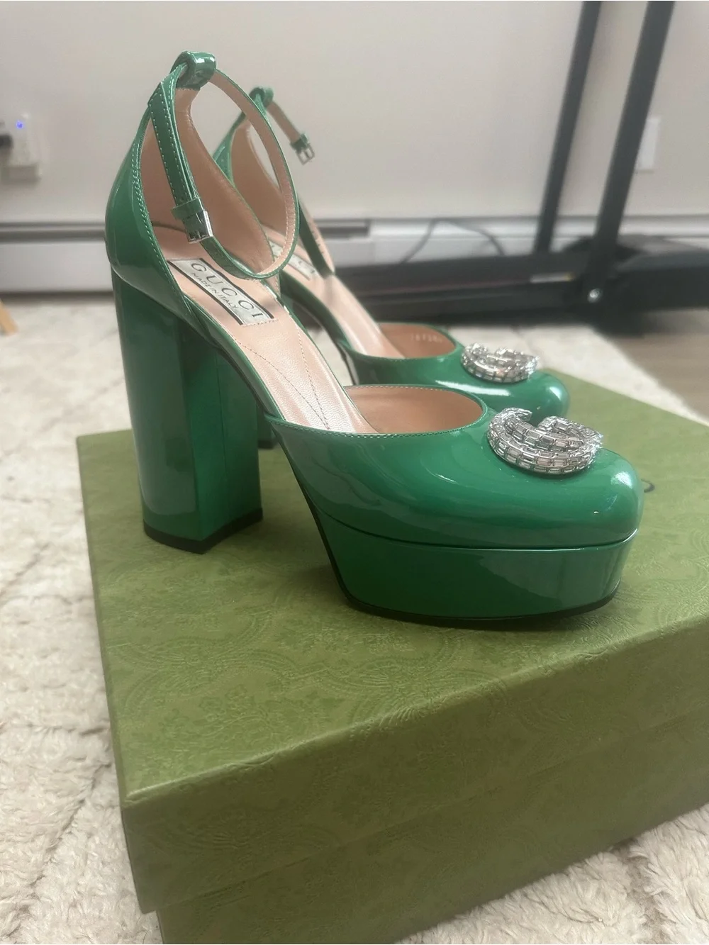 Gucci Glossy Emerald Green Patent Platform Pumps with Crystal GG Buckle
